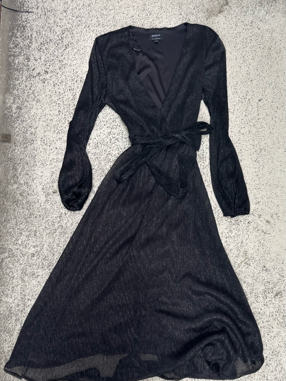 Bardot Black Shimmer Long sheer Sleeve Wrap Midi Dress plisse evening holiday